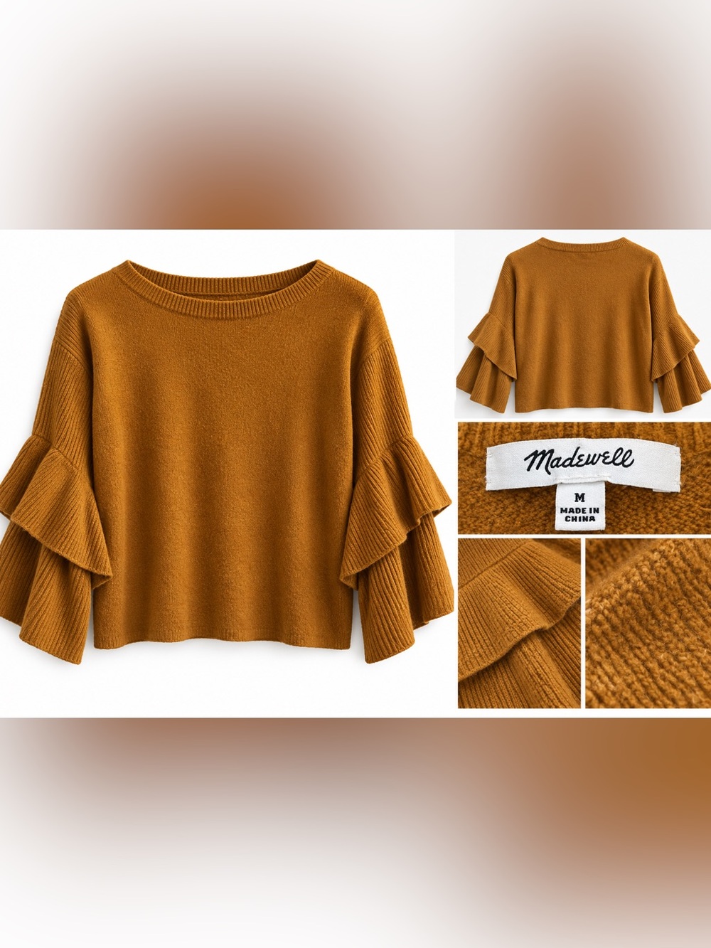 Madewell Mustard Tiered Ruffle Bell Sleeve Sweater Size M